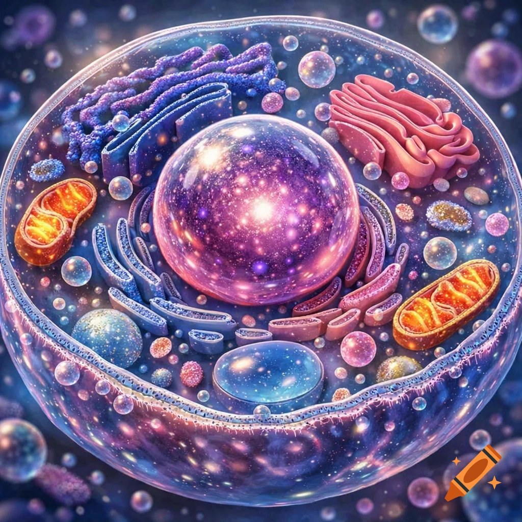 Vibrant, fantastical animal cell illustration with glowing, starry organelles in purple, pink, and blue, surrounded by bubbles.