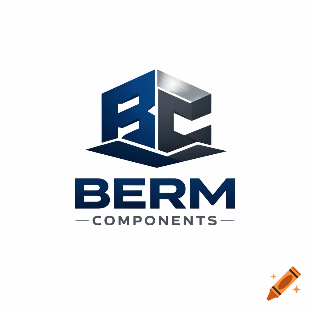 A modern logo for BERM COMPONENTS featuring stylized blue and metallic grey letters "BC" above the words "BERM COMPONENTS" in a bold sans-serif font.