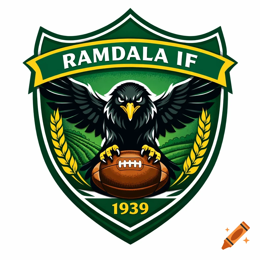 A green and yellow sports crest features a black eagle with spread wings gripping a football, with 'RAMDALA IF' on a banner above and '1939' below, set against a background of rolling farmlands and framed by wheat stalks.