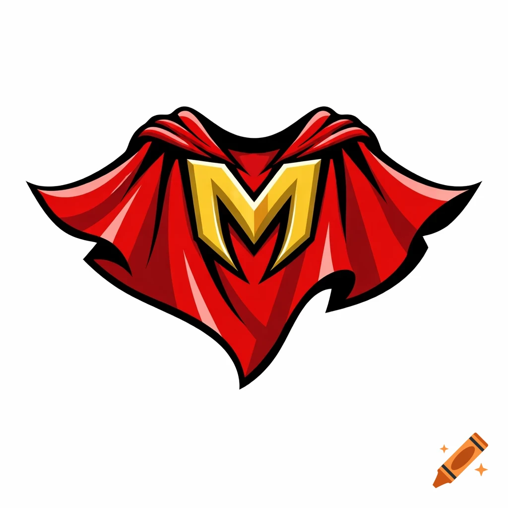 A red superhero cape logo with a golden letter M.