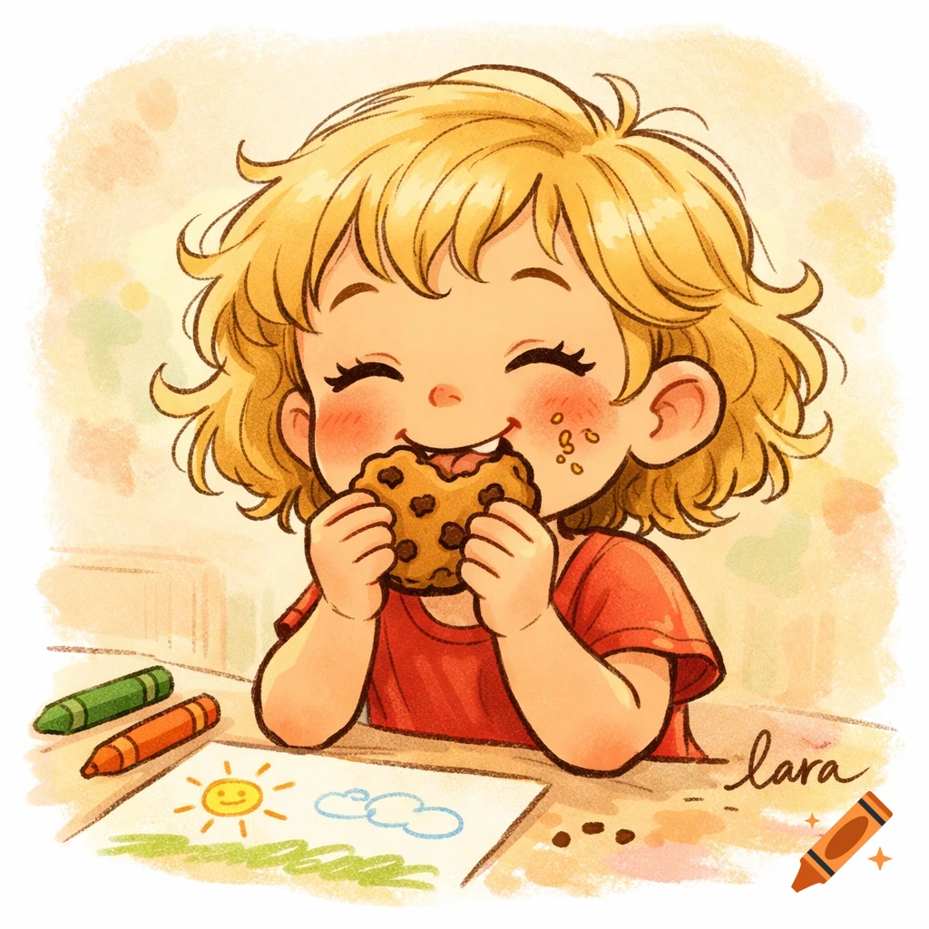 A cheerful blonde child with curly hair gleefully eats a chocolate chip cookie while sitting at a table with crayons and a sun drawing, in a doodle style.