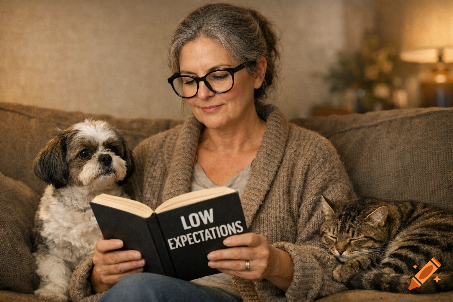 A woman reads 'LOW EXPECTATIONS' on a couch with a shih tzu and a sleeping tabby cat.