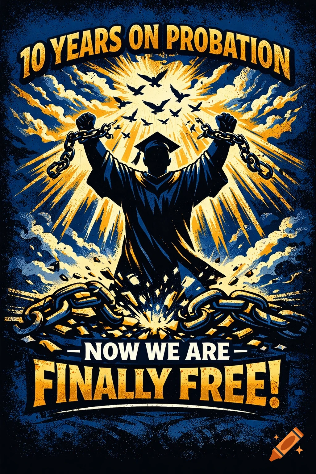 Stylized graphic of a graduating person breaking chains under a radiant sky with birds, text '10 YEARS ON PROBATION NOW WE ARE FINALLY FREE!'
