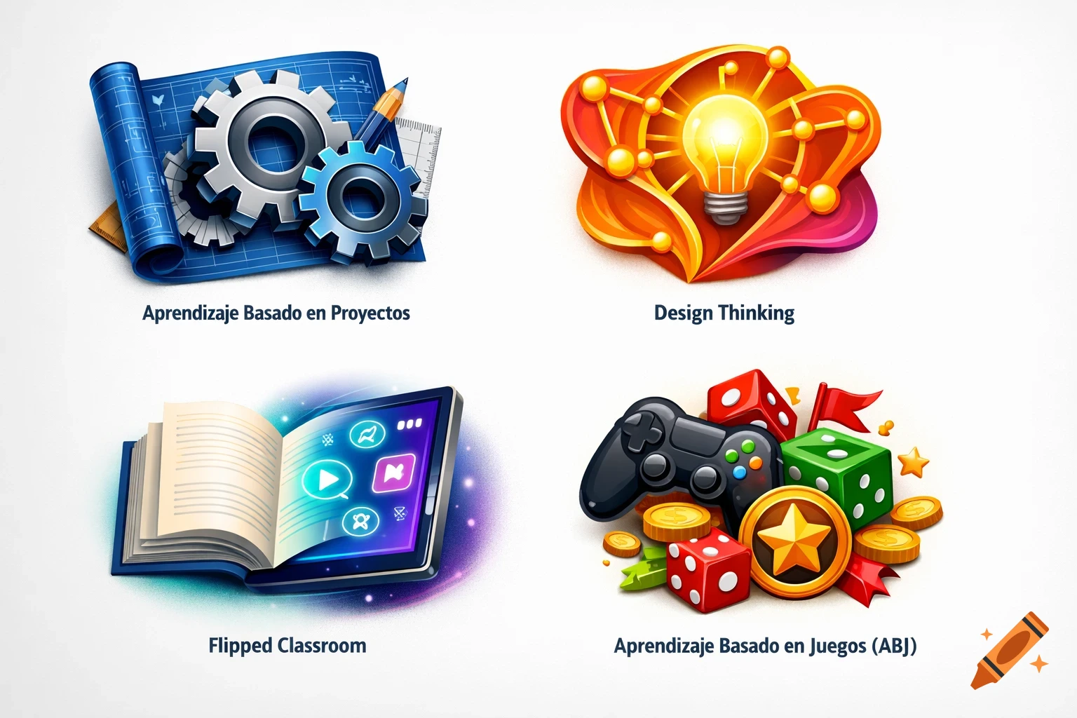 Four educational methodology icons: a blueprint with gears for Project-Based Learning, a glowing lightbulb for Design Thinking, an open book with a tablet for Flipped Classroom, and a gamepad with dice for Game-Based Learning.
