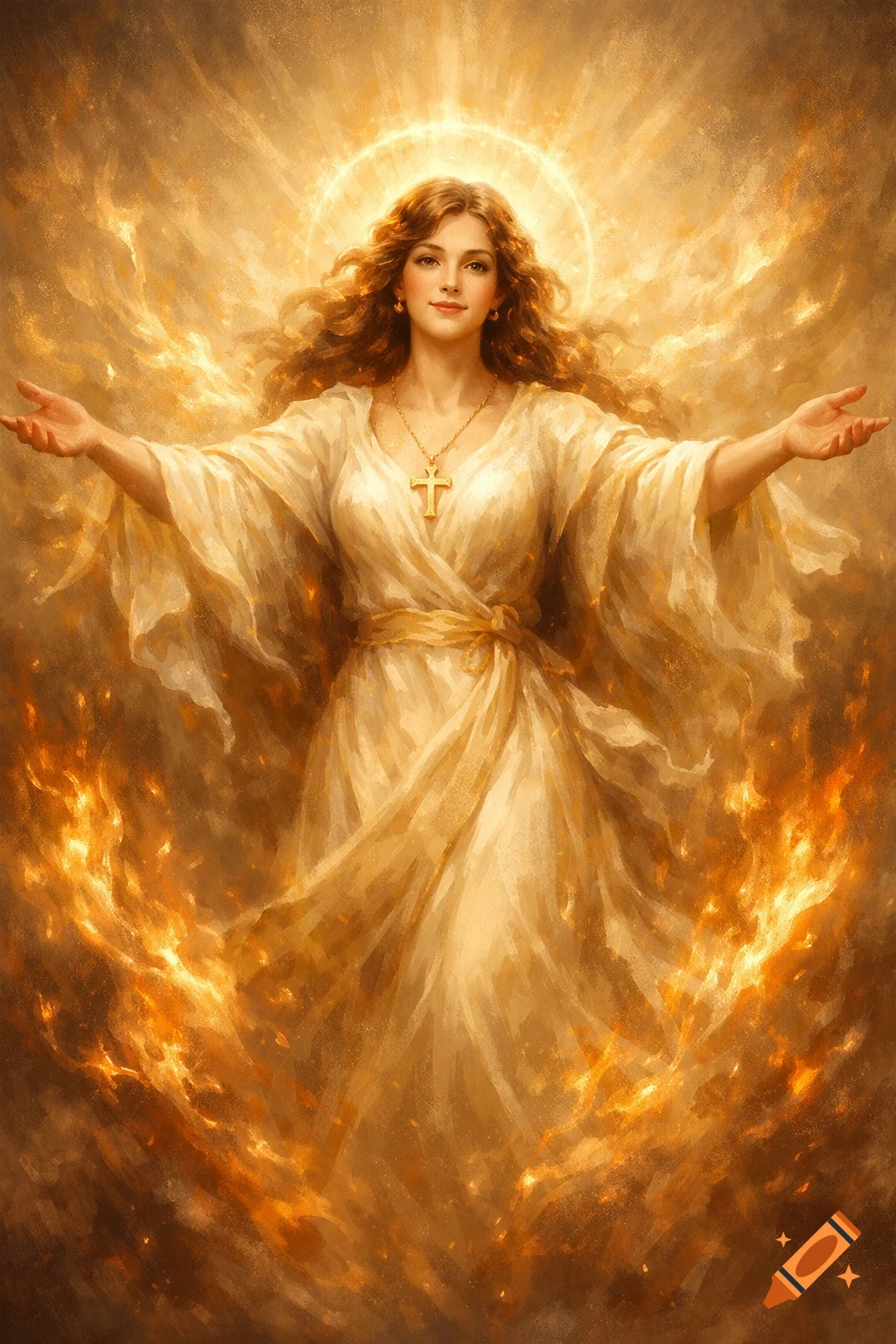 A woman in a flowing white robe with a cross necklace stands with outstretched arms, surrounded by golden light and fire in a painterly style.