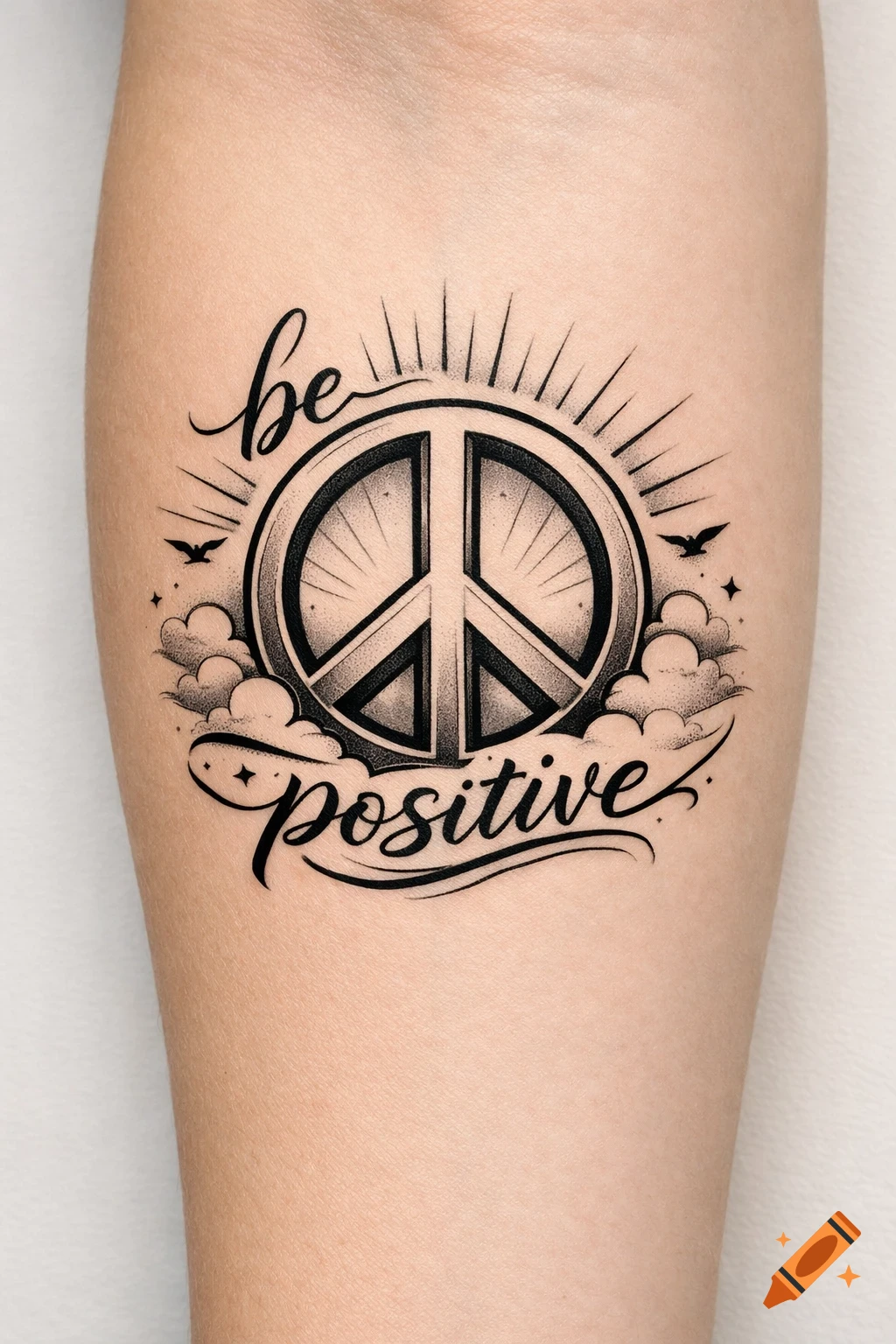 A black and white tattoo on a forearm featuring a peace sign with radiating lines, surrounded by clouds and small birds, with the script words "be positive" above and below.