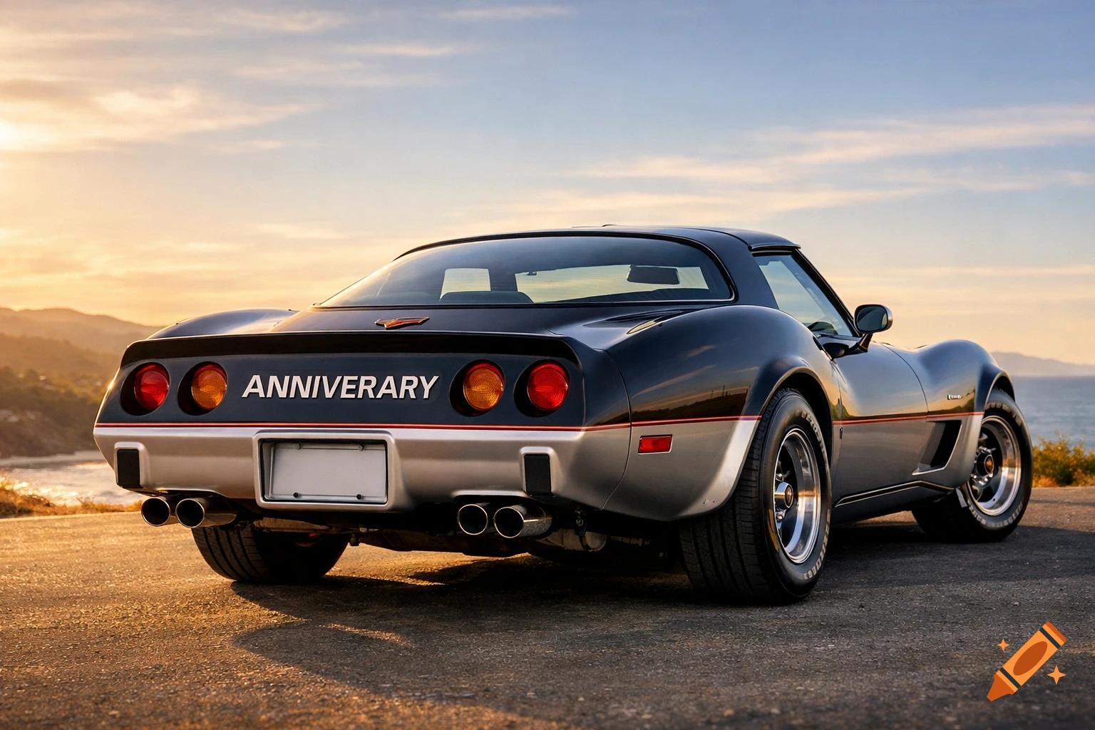 Rear view of a black and silver classic Corvette with "ANNIVERSARY" on the back, parked on a road overlooking the ocean at sunset.