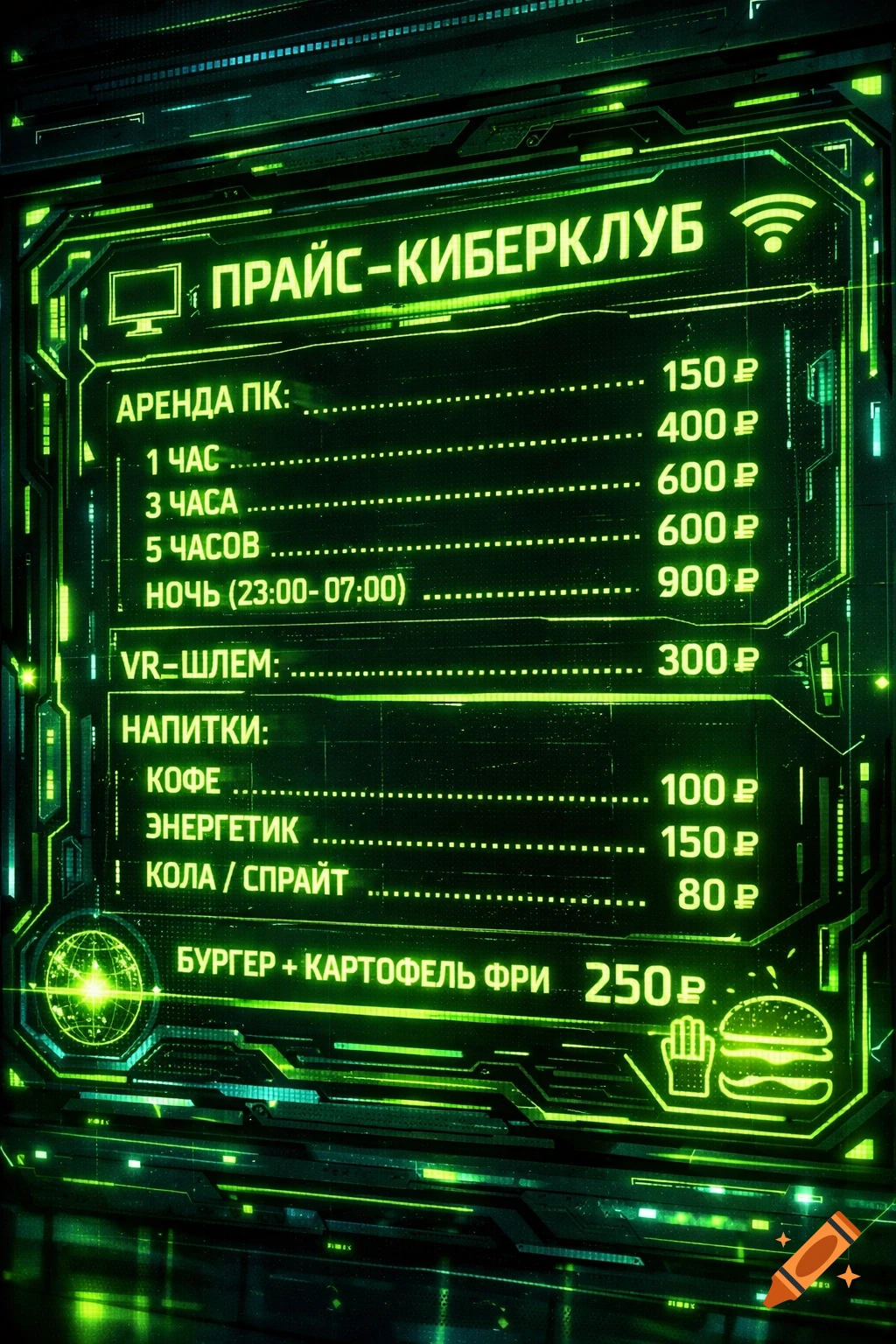 A futuristic, neon green HUD-style digital menu in Russian for a cyber club, displaying prices for PC rental, VR, drinks, and food.