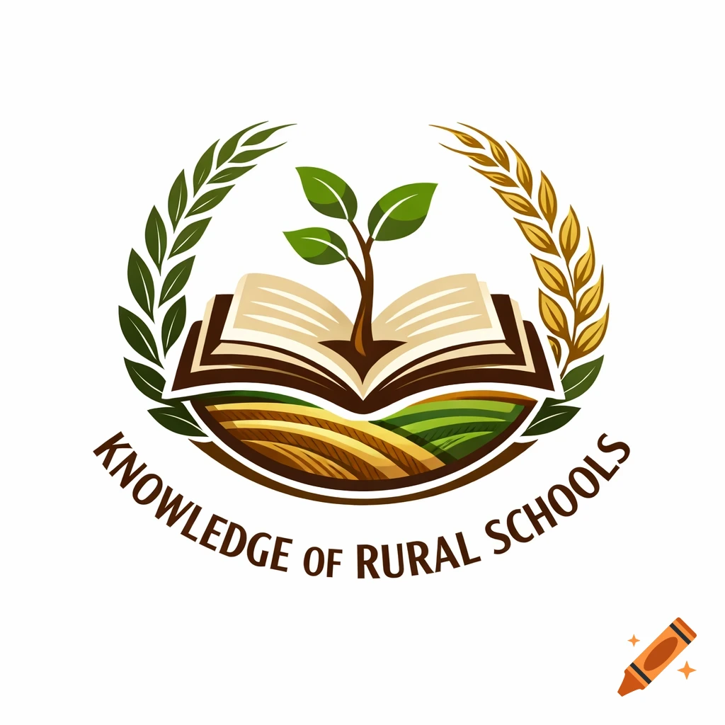 An emblem featuring an open book with a plant sprouting, framed by a green olive branch and a golden wheat stalk, above fields, with the text "KNOWLEDGE OF RURAL SCHOOLS" below.