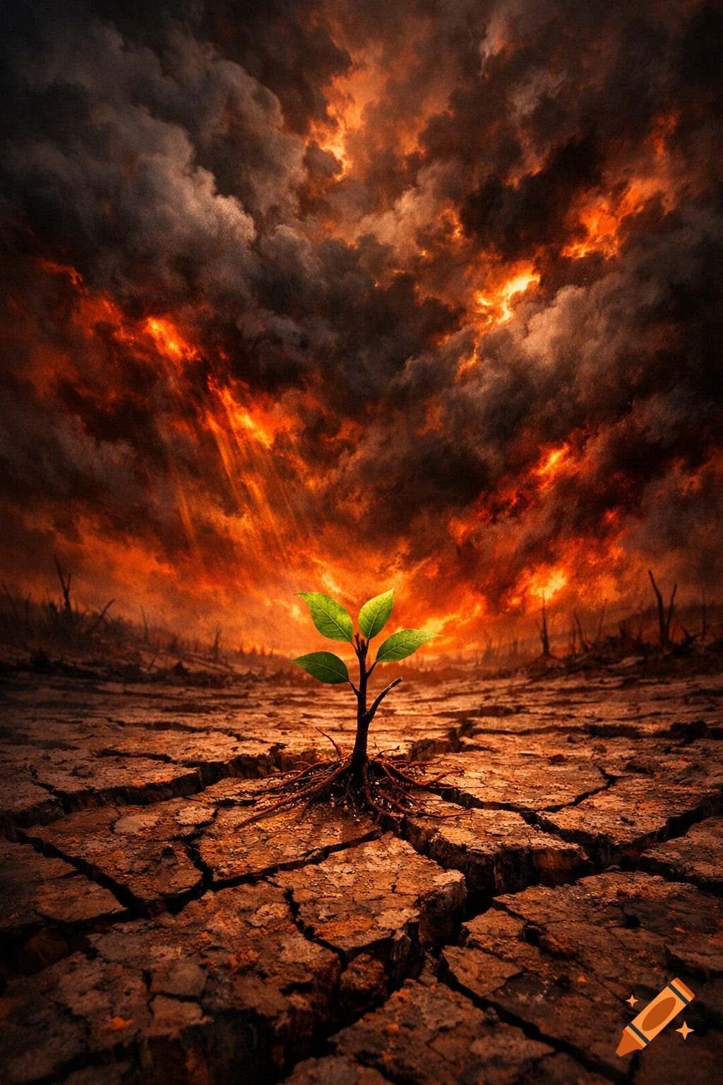 A vibrant green sapling sprouts from dry, cracked earth under a fiery, dramatic apocalyptic sky.