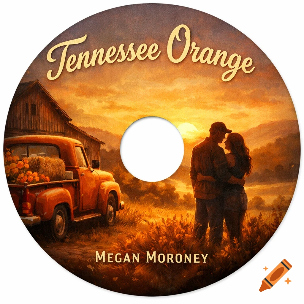 An illustrated CD label depicts a couple embracing in a field at sunset, with an orange pickup truck and a barn.