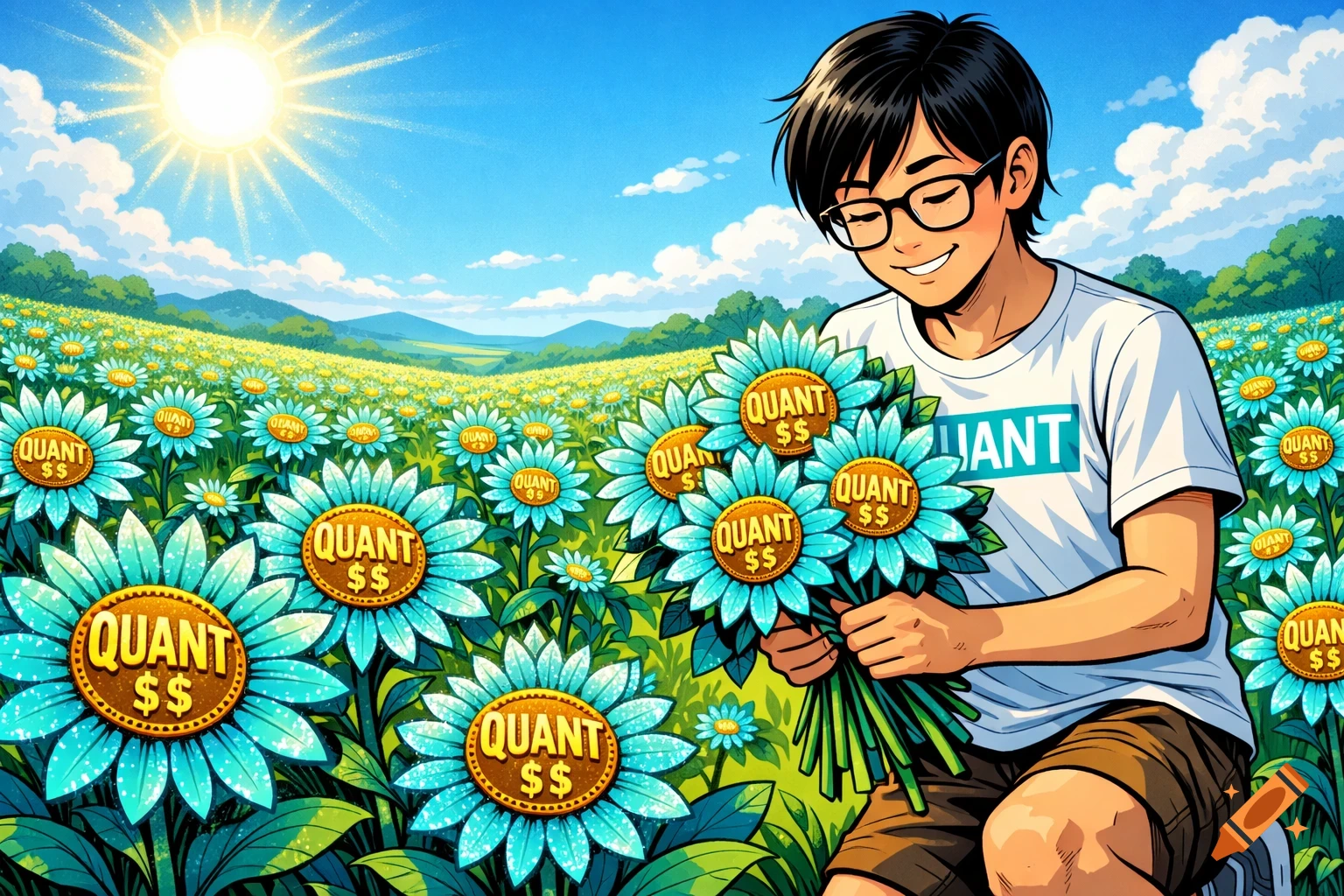 A smiling person with glasses holding a bouquet of bright blue daisies with "QUANT $$" on their centers, standing in a field of similar flowers under a sunny blue sky, in a comic book style.