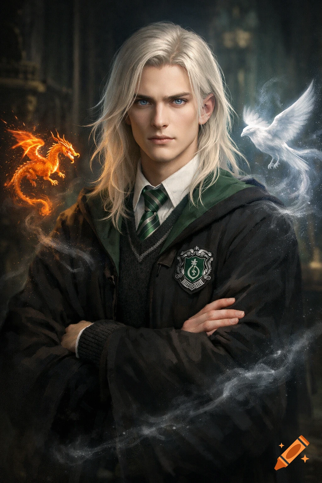 A handsome young man with long silver-blonde hair and blue eyes, wearing a dark green Slytherin uniform, with a fiery orange dragon on his left and a ghostly white bird on his right.
