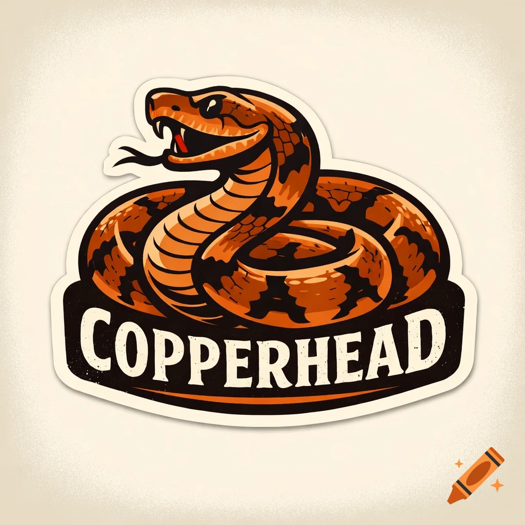 Retro style vector logo sticker of a coiled copperhead snake with the text COPPERHEAD on a dark banner.