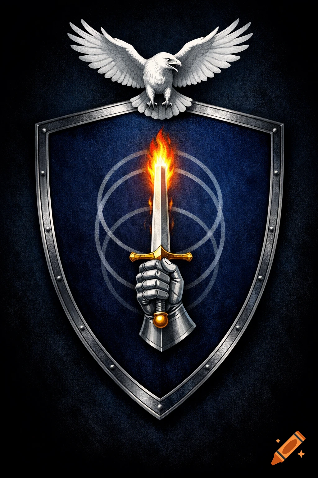 A heraldic emblem featuring a white eagle above a blue shield, a gauntlet holding a flaming sword, and faint rings. Illustration.
