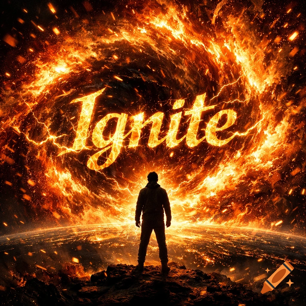 Silhouette of a person standing on a cliff, facing a vast, swirling fiery vortex with the word 'Ignite' at its center, in an epic, photorealistic style.