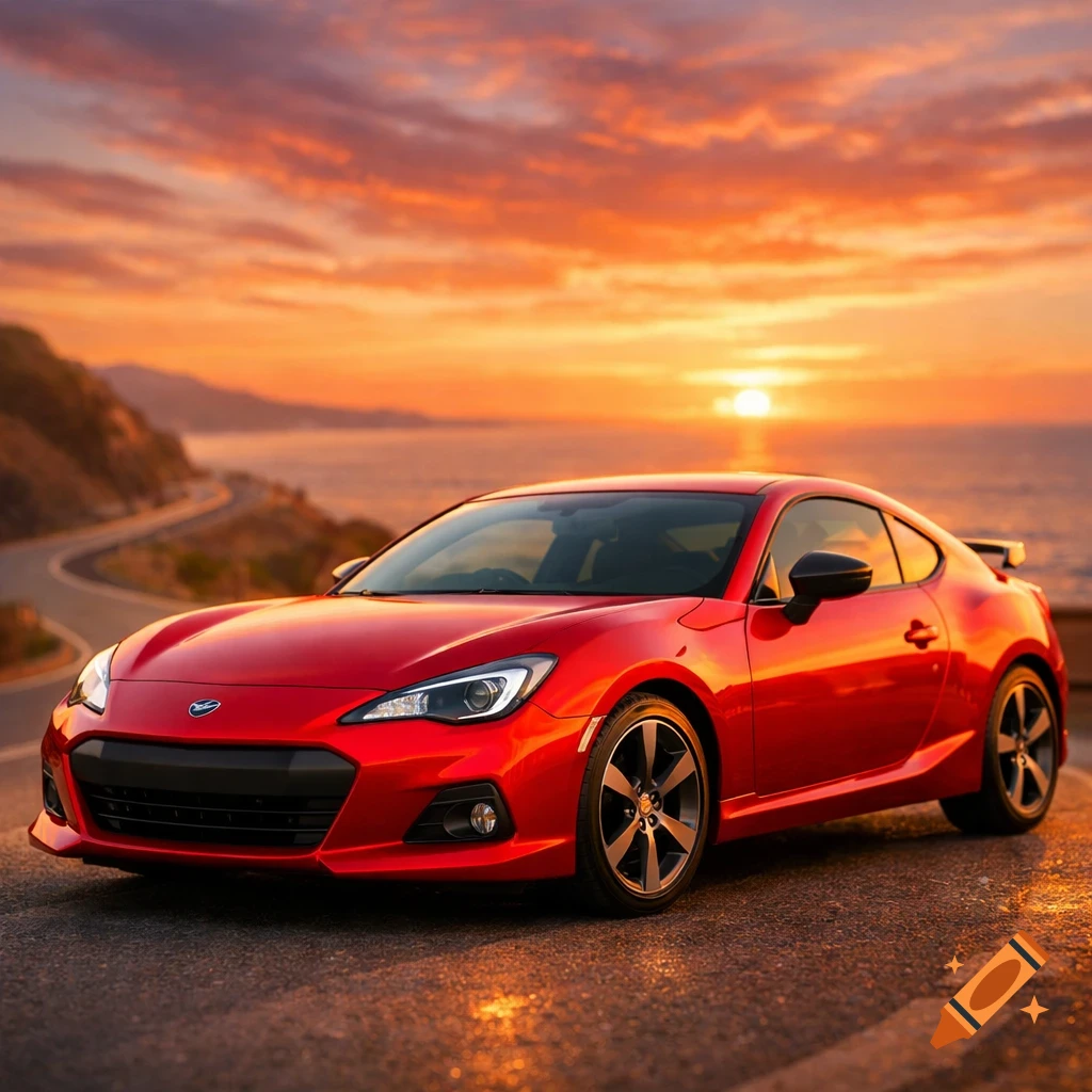 A red sports car parked on an oceanfront road at sunset, with golden light reflecting on the car and wet road.