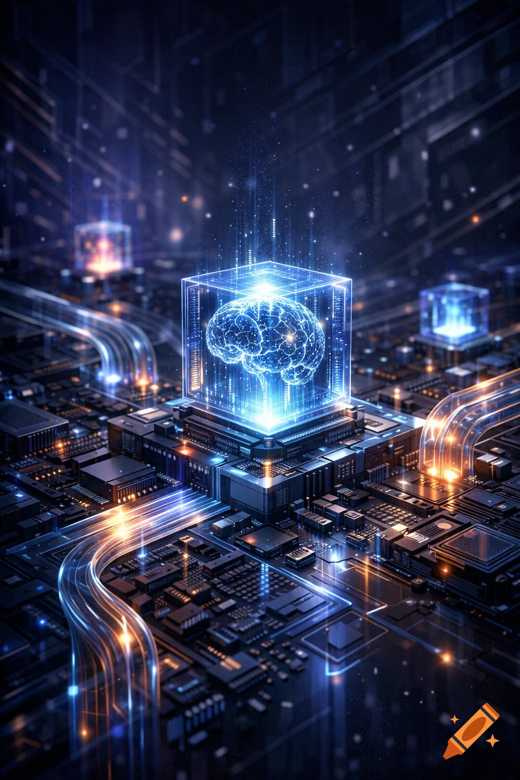 A glowing blue brain in a transparent cube on a dark, intricate circuit board with radiating blue and orange light trails, depicting advanced AI.