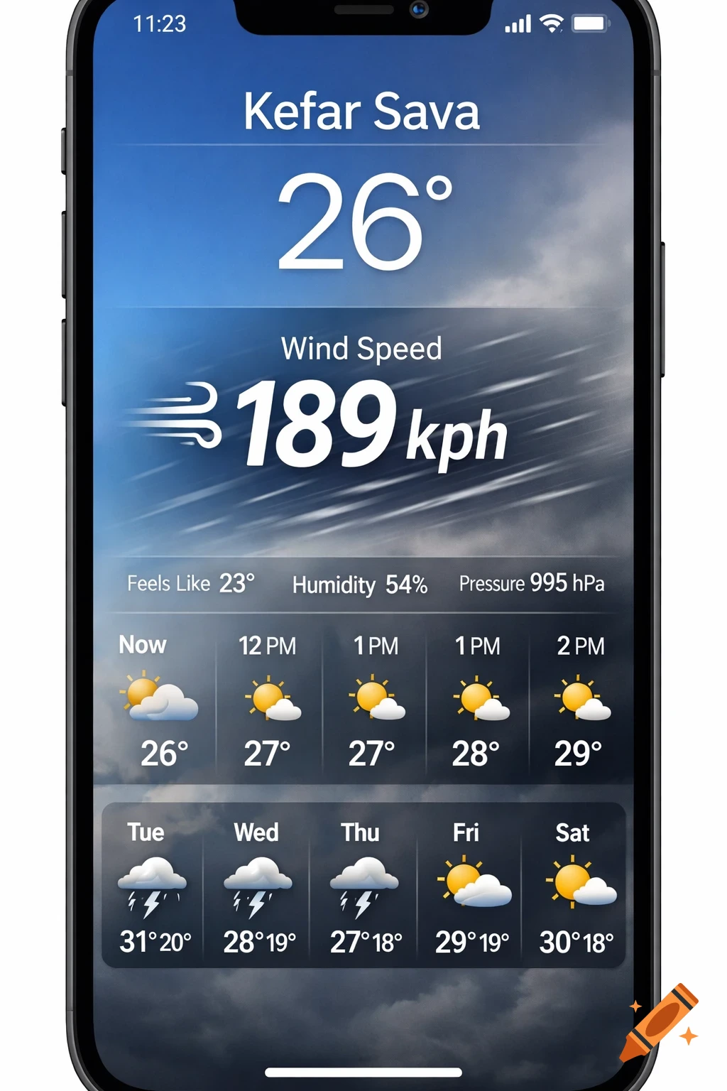 Photorealistic screenshot of a weather app on a smartphone, displaying a forecast for Kefar Sava with 26 degrees and 189 kph wind.