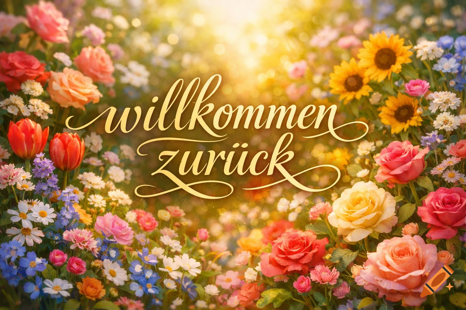 Golden text "willkommen zurück" on a vibrant, sunny field of colorful flowers.
