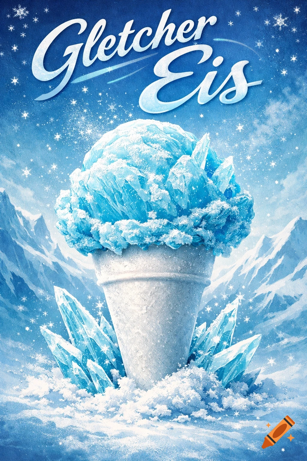 A stylized blue and white advertisement poster for 'Gletcher Eis' featuring an ice cream cone filled with icy blue crystals and snow, set against a snowy mountain backdrop with falling snowflakes.
