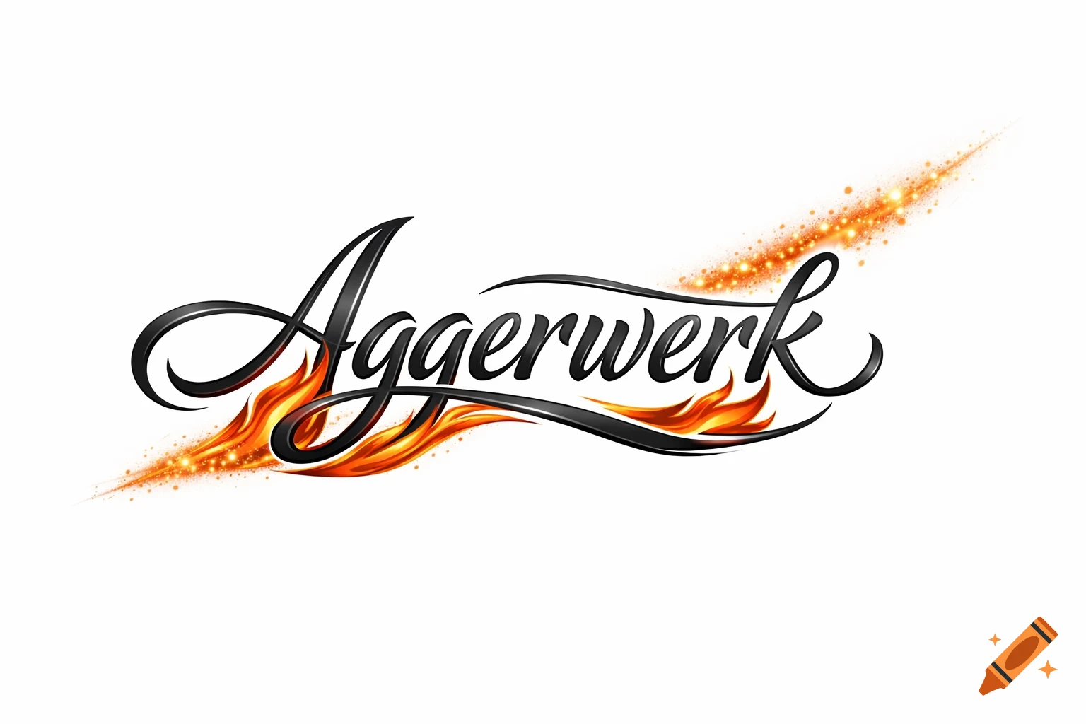 Aggerwerk logo featuring black cursive text, red and orange flames, and a trail of golden sparks.