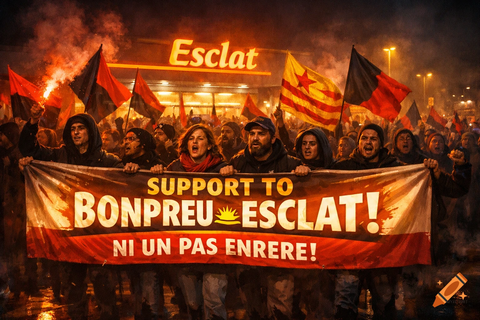 A nighttime protest features a large crowd holding a banner that reads "SUPPORT TO BONPREU ESCLAT! NI UN PAS ENRERE!". People are holding red and black flags and a yellow and red striped flag with a star, with some lighting flares, in front of a building with an "Esclat" sign.
