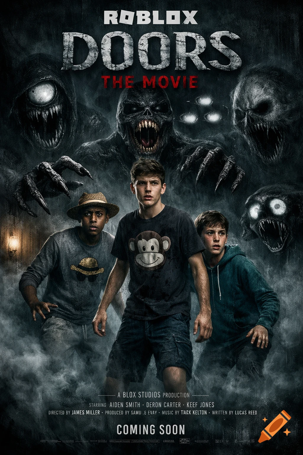 A horror movie poster for "Roblox DOORS The Movie" featuring three scared teenage boys in the foreground against a dark, smoky background with various monstrous, shadowy entities with glowing eyes and sharp teeth looming behind them.