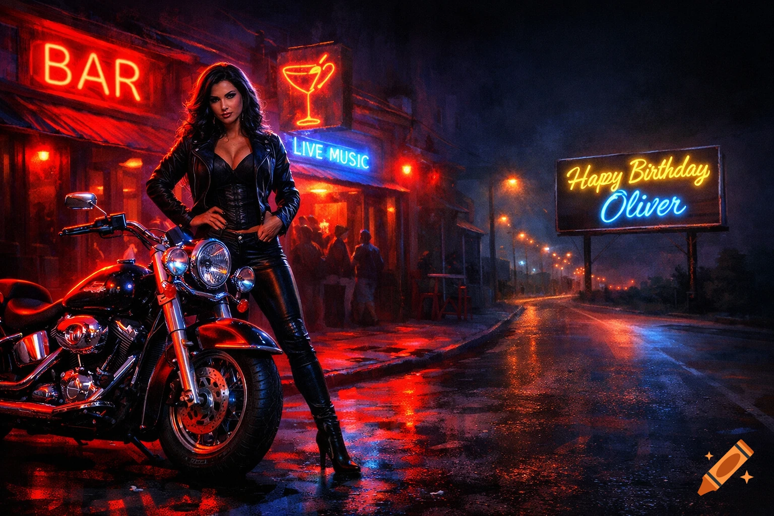 A woman in a leather jacket and pants stands by a motorcycle on a wet street at night, with neon bar signs and a "Happy Birthday Oliver" billboard.
