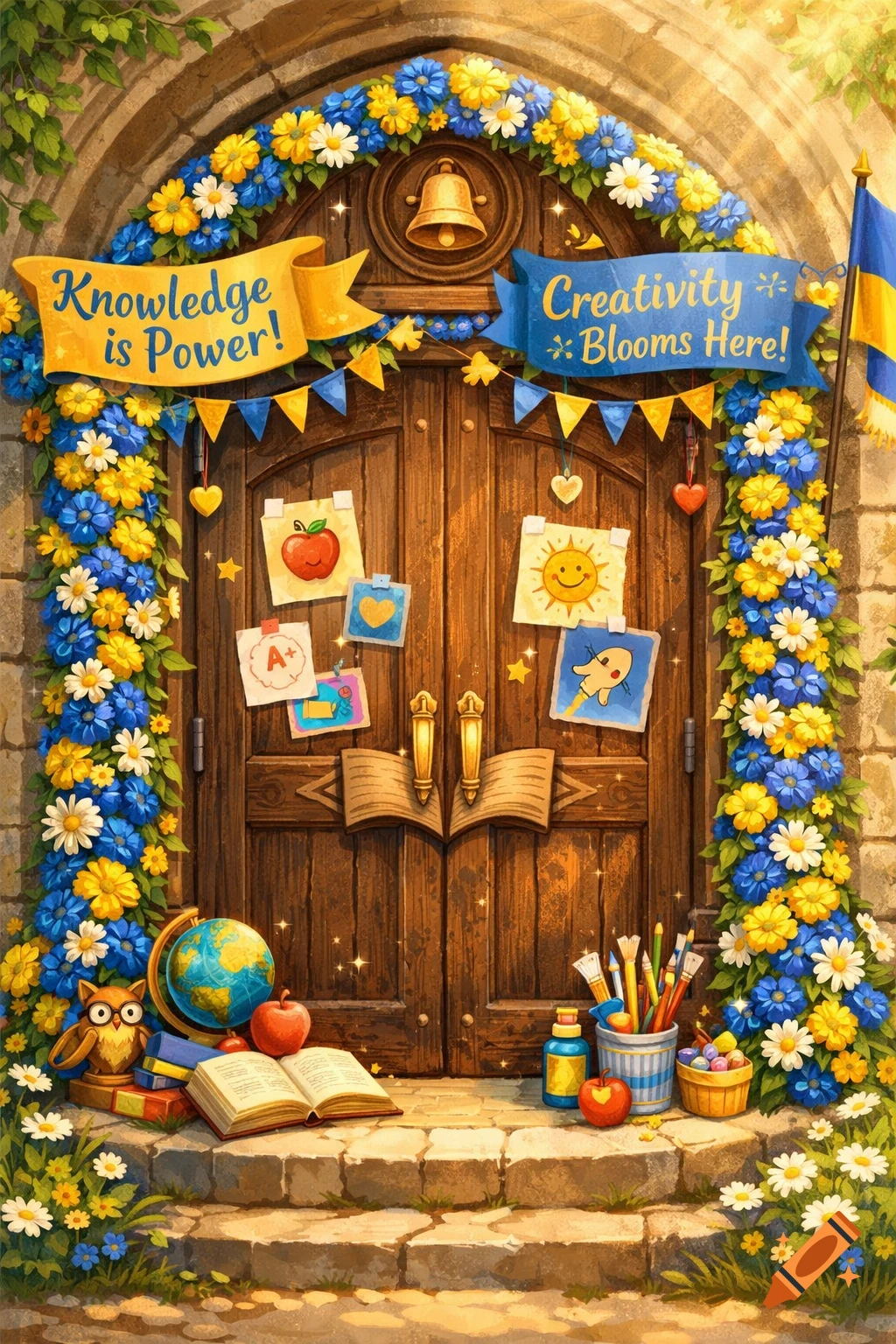 A whimsical, arched wooden school door decorated with blue and yellow flowers, banners, books, a globe, and art supplies.