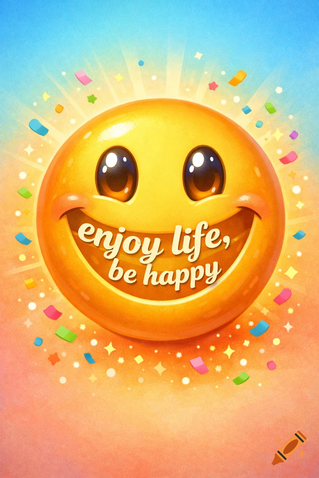A vibrant smiling emoji with shining eyes and a wide smile, surrounded by confetti and stars, with the text 'enjoy life, be happy' on its mouth. The background is a gradient from blue to orange.