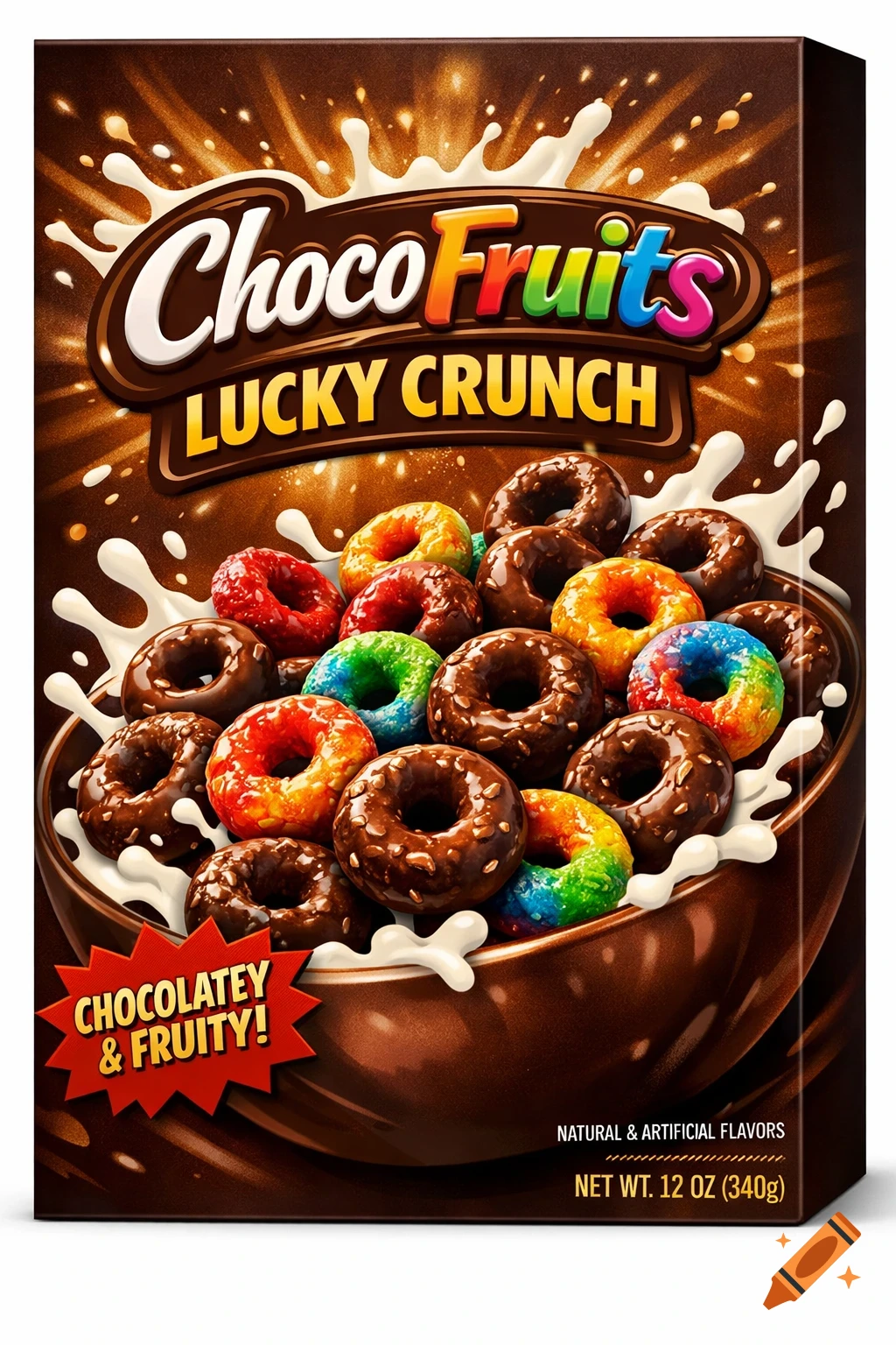 A colorful ChocoFruits Lucky Crunch cereal box featuring chocolate and rainbow-colored cereal rings in a chocolate bowl with milk splashes.