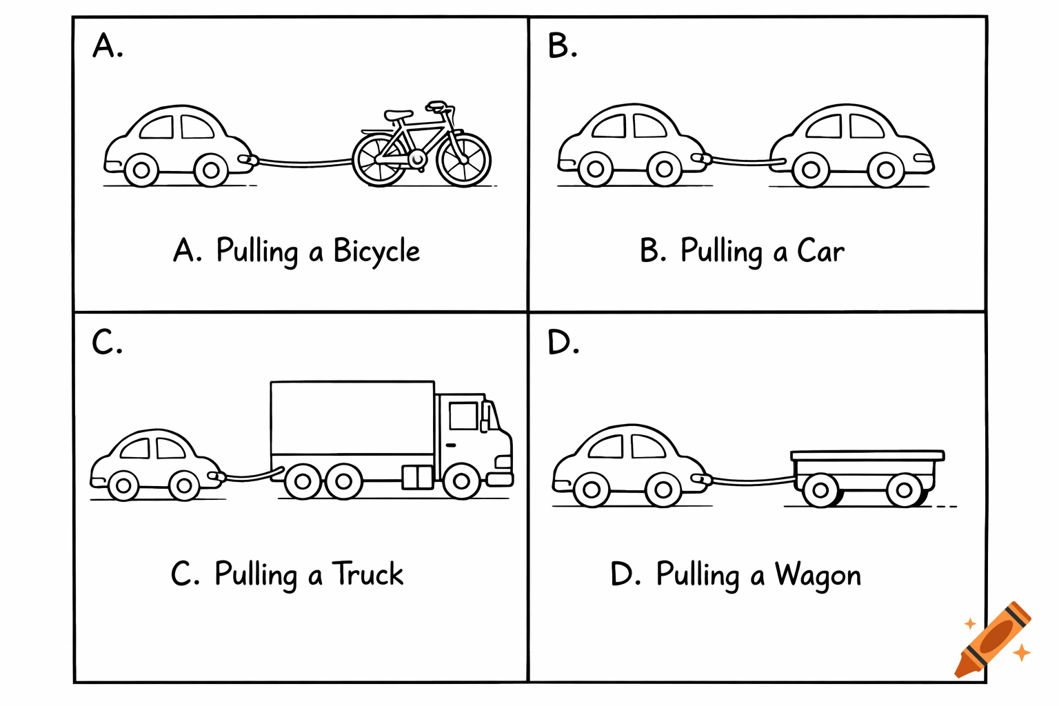 Black-and-white line art worksheet showing a car pulling a bicycle, another car, a truck, and a wagon in four separate panels.