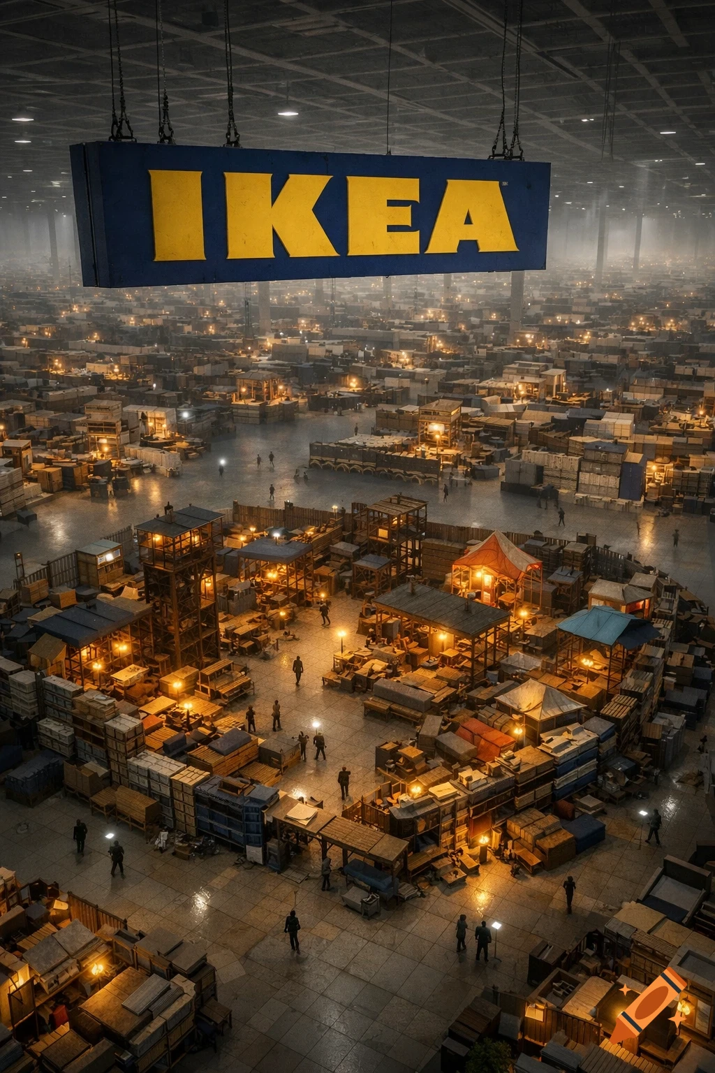 Aerial view of a vast, dimly lit IKEA interior with a large sign overhead and a sprawling survivor base of furniture below, glowing with warm lights.