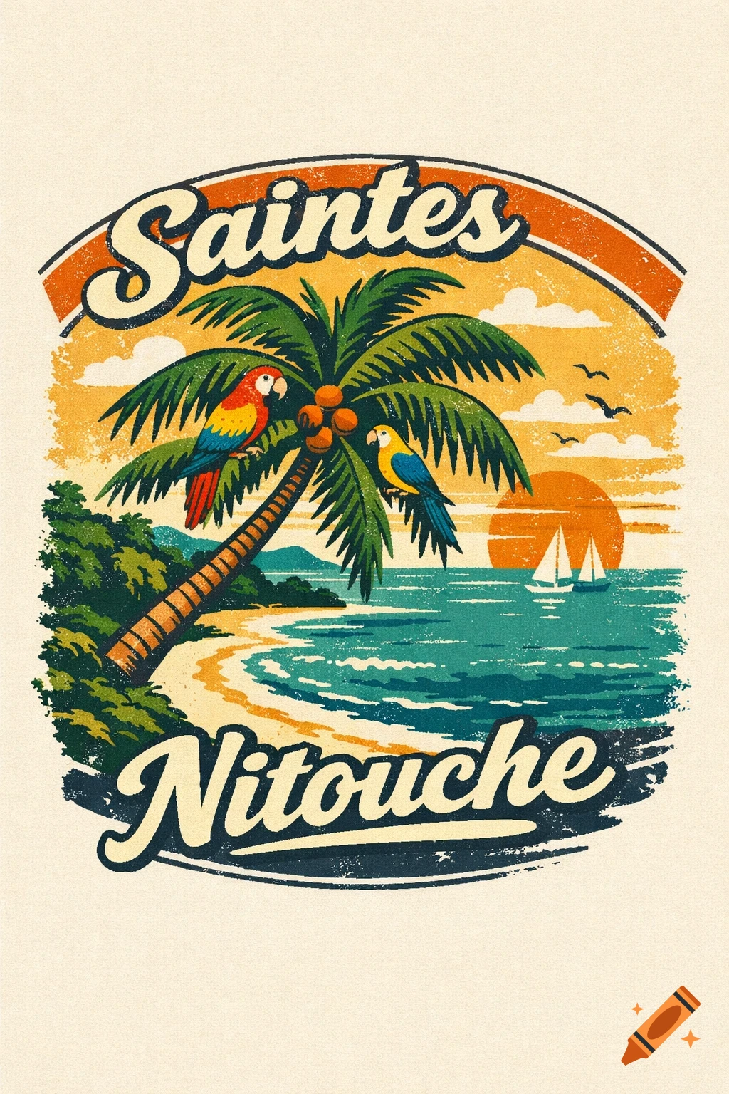 Retro-style travel poster illustration with a palm tree, two colorful parrots, a sandy beach, and a sunset over the ocean. Text reads 'Saintes Nitouche'.
