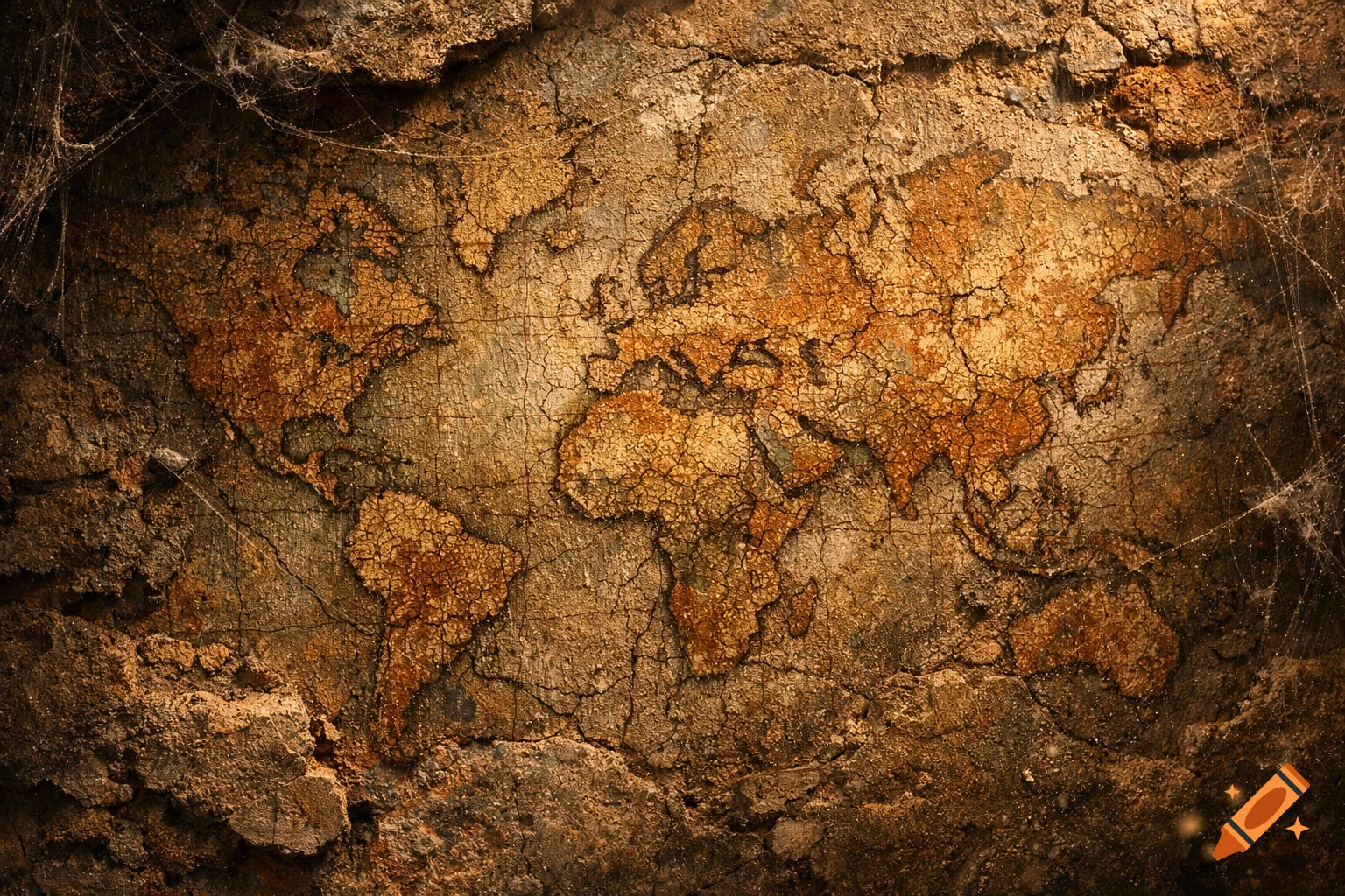 A textured, ancient-looking world map mural with cracked earthy tones and spiderwebs.