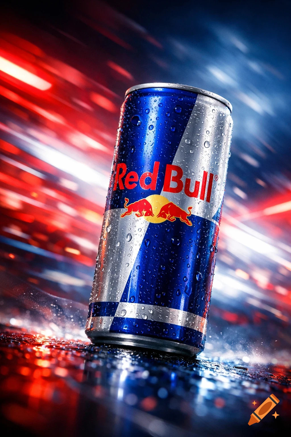 A photorealistic Red Bull energy drink can, covered in condensation, sits on a wet surface with red and blue light trails in the background.