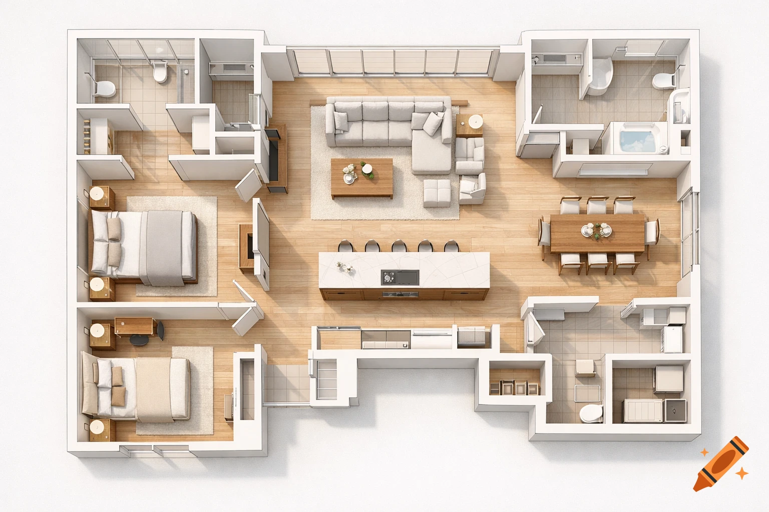 Top-down view of a modern house floor plan, showing multiple furnished rooms including bedrooms, bathrooms, living area, and kitchen.