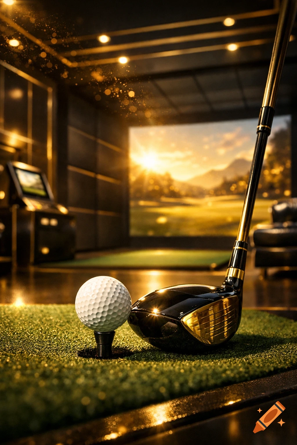 A close-up of a golf ball on a tee next to a gold and black golf club on green turf, inside a luxurious indoor golf simulator with a bright outdoor landscape projected in the background.