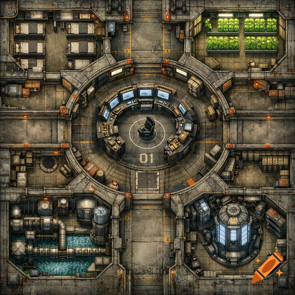 Overhead floor plan of a detailed, gritty sci-fi vault, featuring a central control room, living quarters, a hydroponics bay, and industrial machinery.
