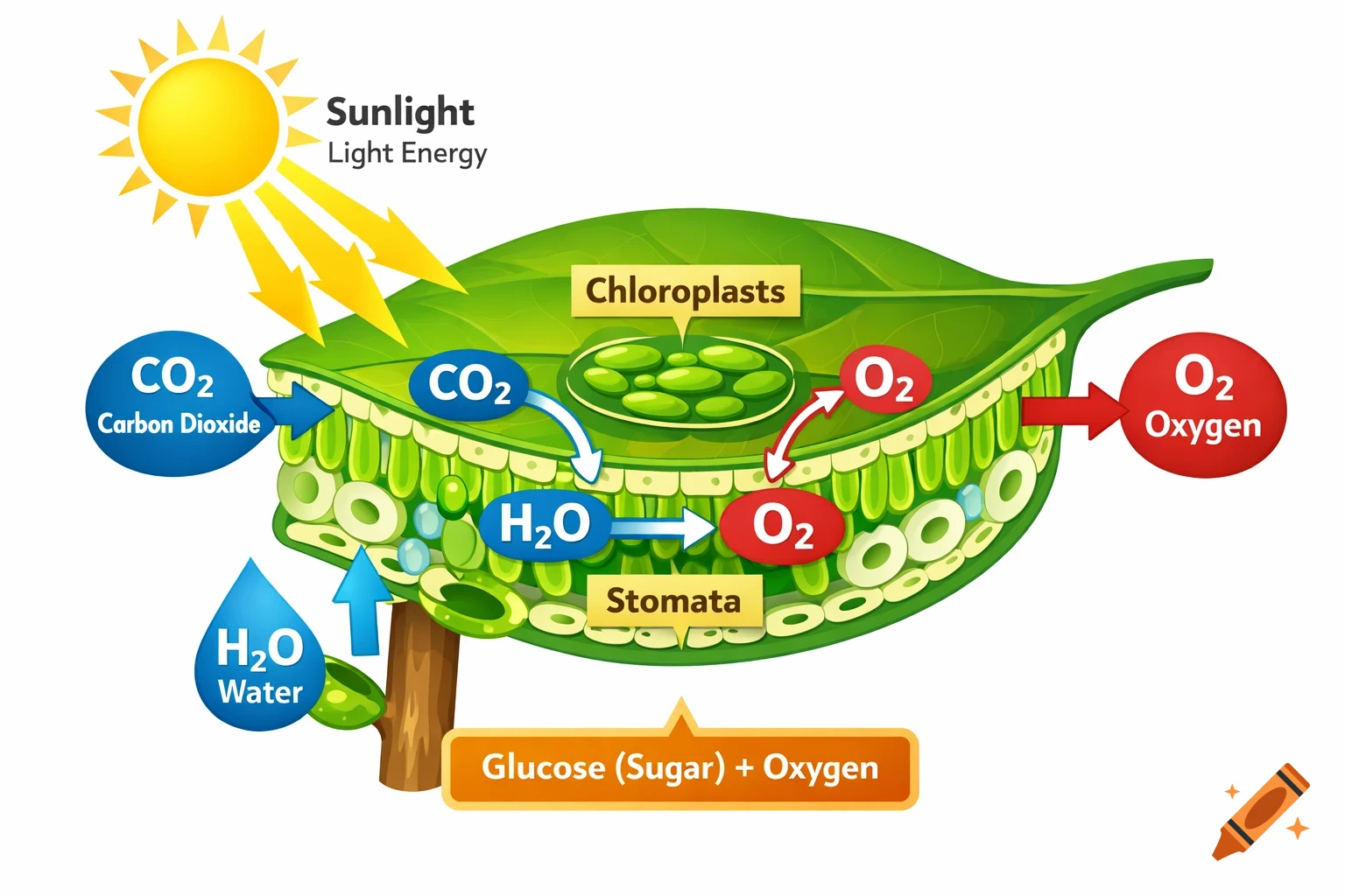 A colorful diagram illustrating the process of photosynthesis within a plant leaf, showing sunlight, CO2, H2O inputs and O2, Glucose outputs.