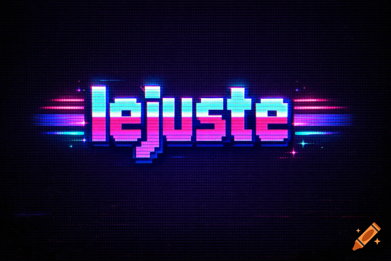 Pixel art logo of 'lejuste' in glowing neon pink and blue with horizontal streaks, against a dark, textured background.