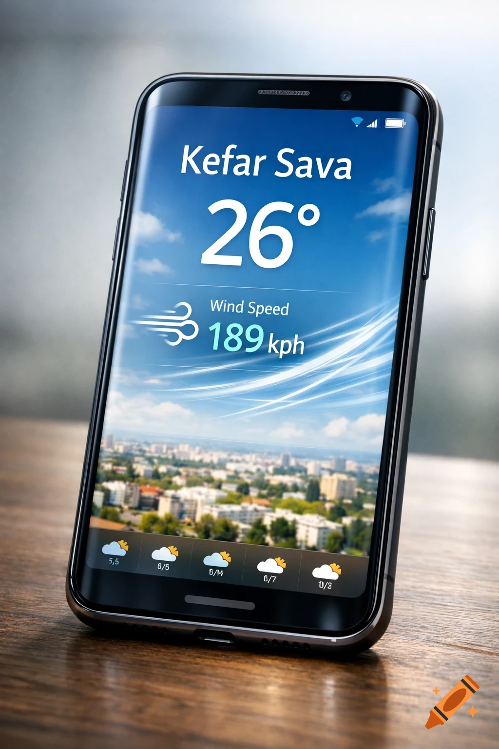 A close-up, photorealistic image of a smartphone displaying a weather app for Kefar Sava showing 26 degrees and 189 kph wind speed.