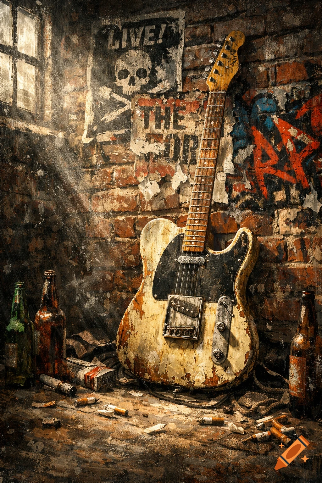 A distressed electric guitar leans against a grungy brick wall with worn posters, beer bottles, cigarette butts, and a pack on the floor, lit by sunlight from a window.