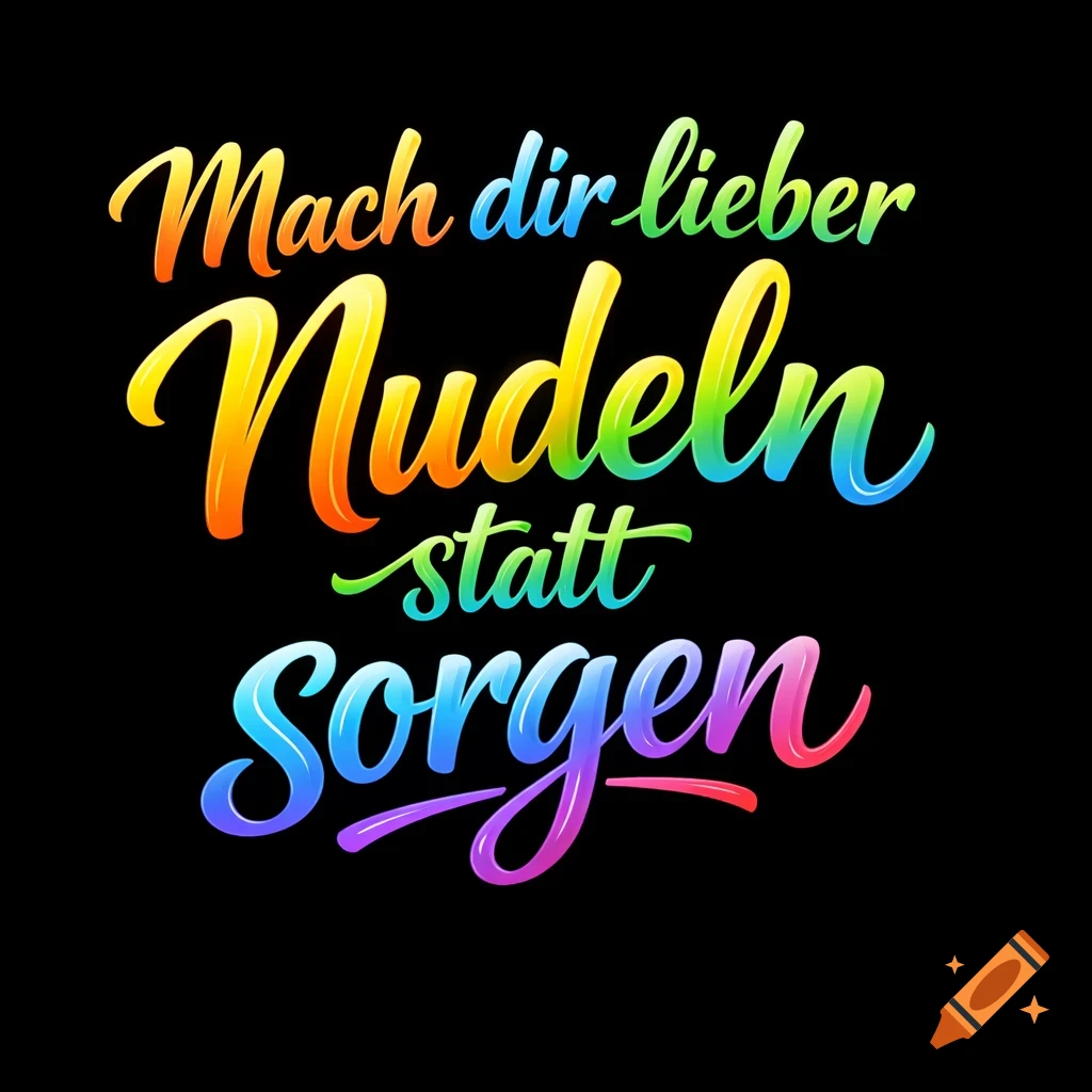 Rainbow gradient text on a black background reads 'Mach dir lieber Nudeln statt Sorgen' (Eat noodles instead of worrying).
