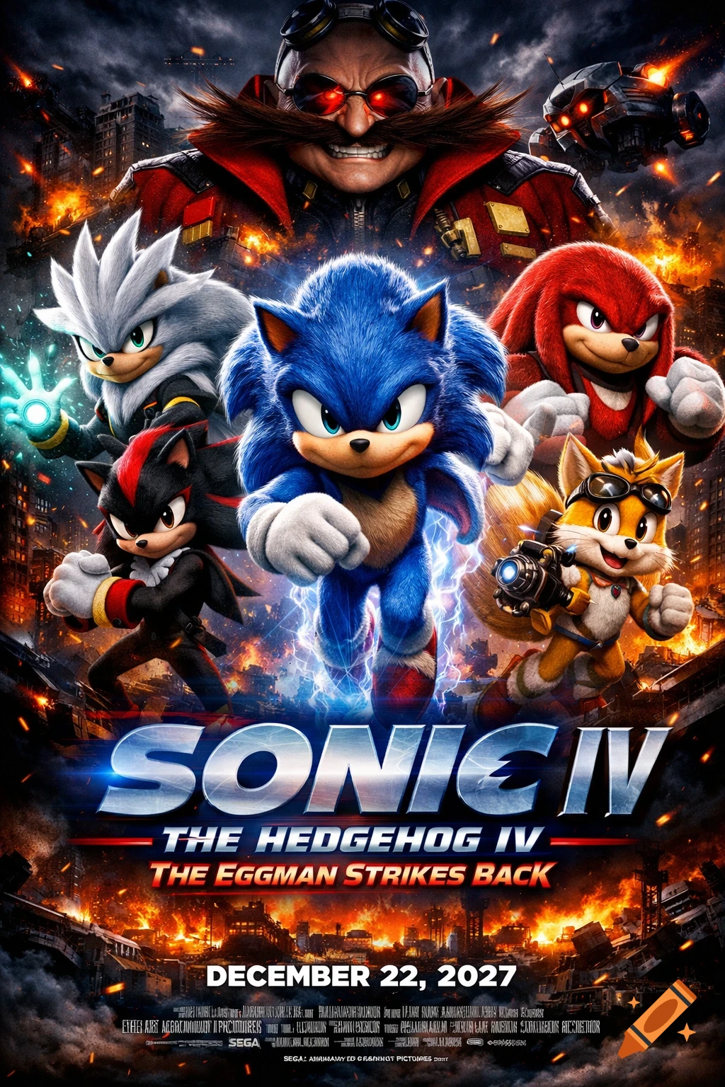 A movie poster for 'Sonic IV: The Eggman Strikes Back' featuring Dr. Eggman at the top, with Sonic, Shadow, Silver, Knuckles, and Tails running below amidst a burning city, dated December 22, 2027.