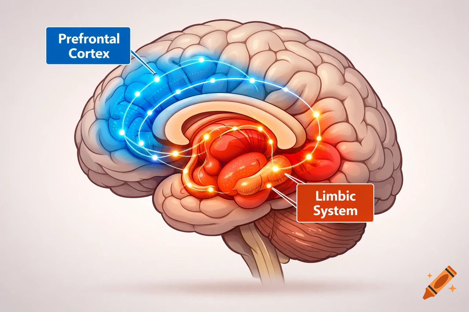 Educational diagram of a human brain, highlighting the blue prefrontal cortex and red limbic system with glowing connections.