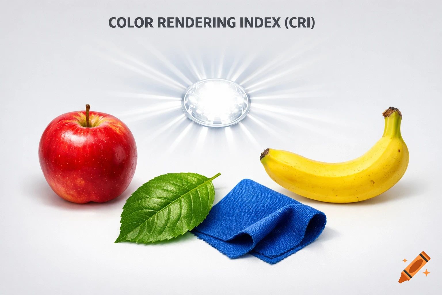 Still life with a red apple, green leaf, blue cloth, and yellow banana beneath a bright LED light, with "COLOR RENDERING INDEX (CRI)" text.