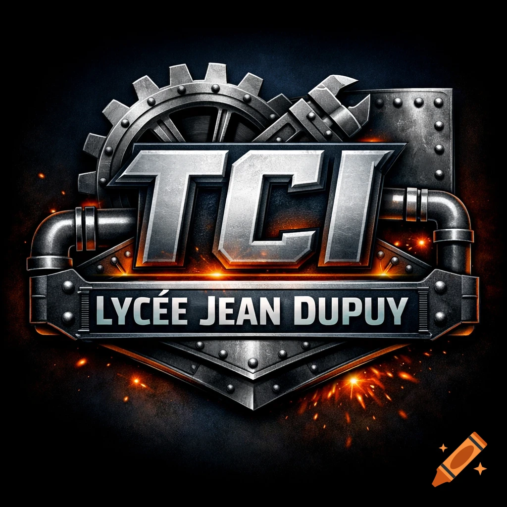A metallic industrial logo with TCI above Lycée Jean Dupuy, featuring gears, pipes, and sparks on a dark background.