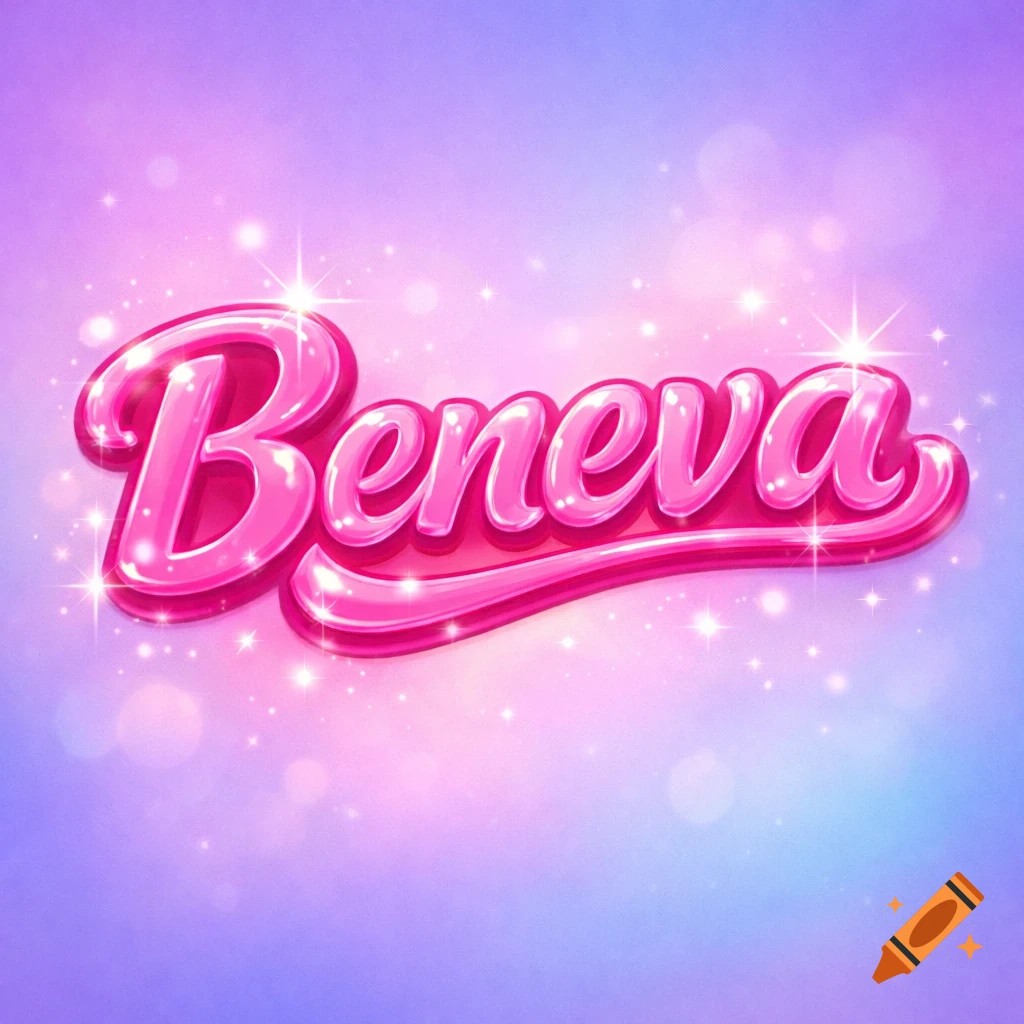 Glossy pink text "Beneva" with sparkles on a purple and blue gradient background.